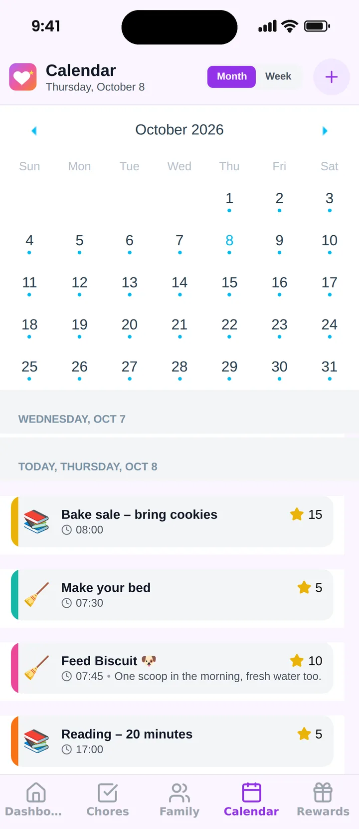 Famiyo family calendar month view with today's events and chores