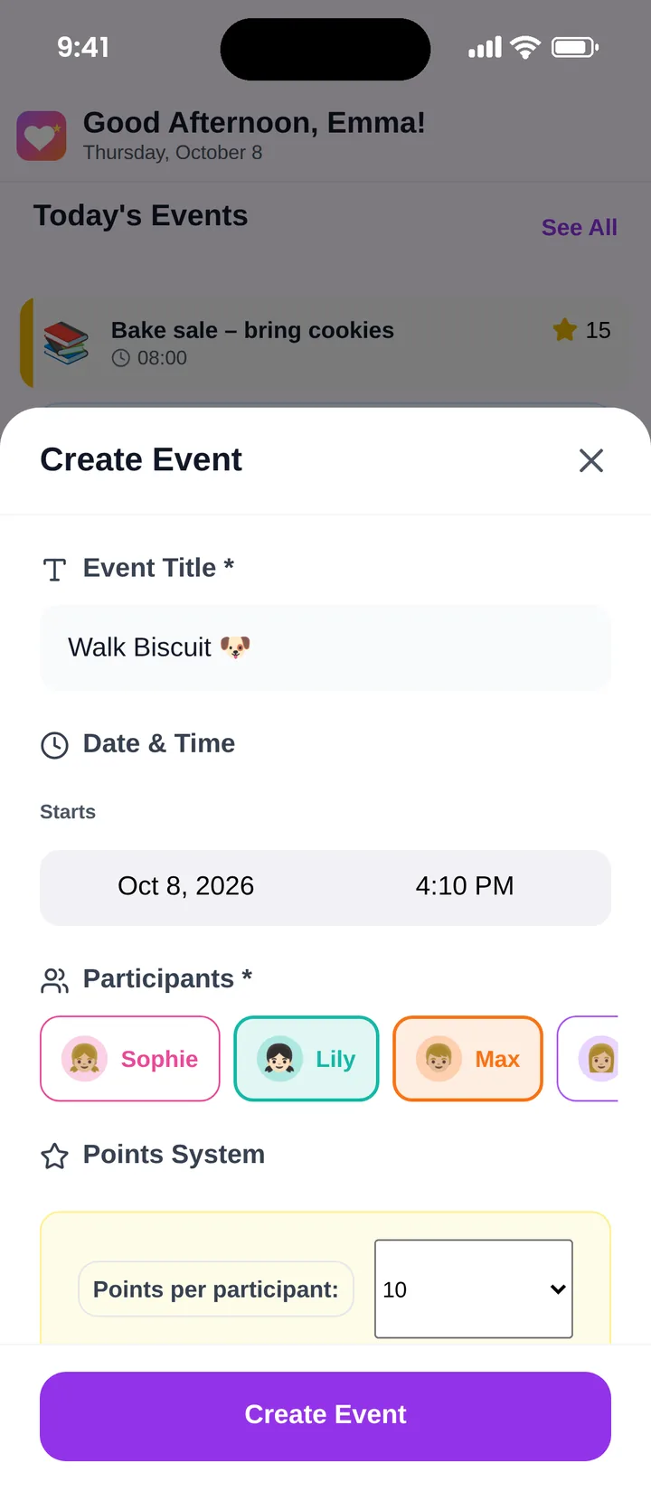 Creating a chore in Famiyo with participants and points per participant