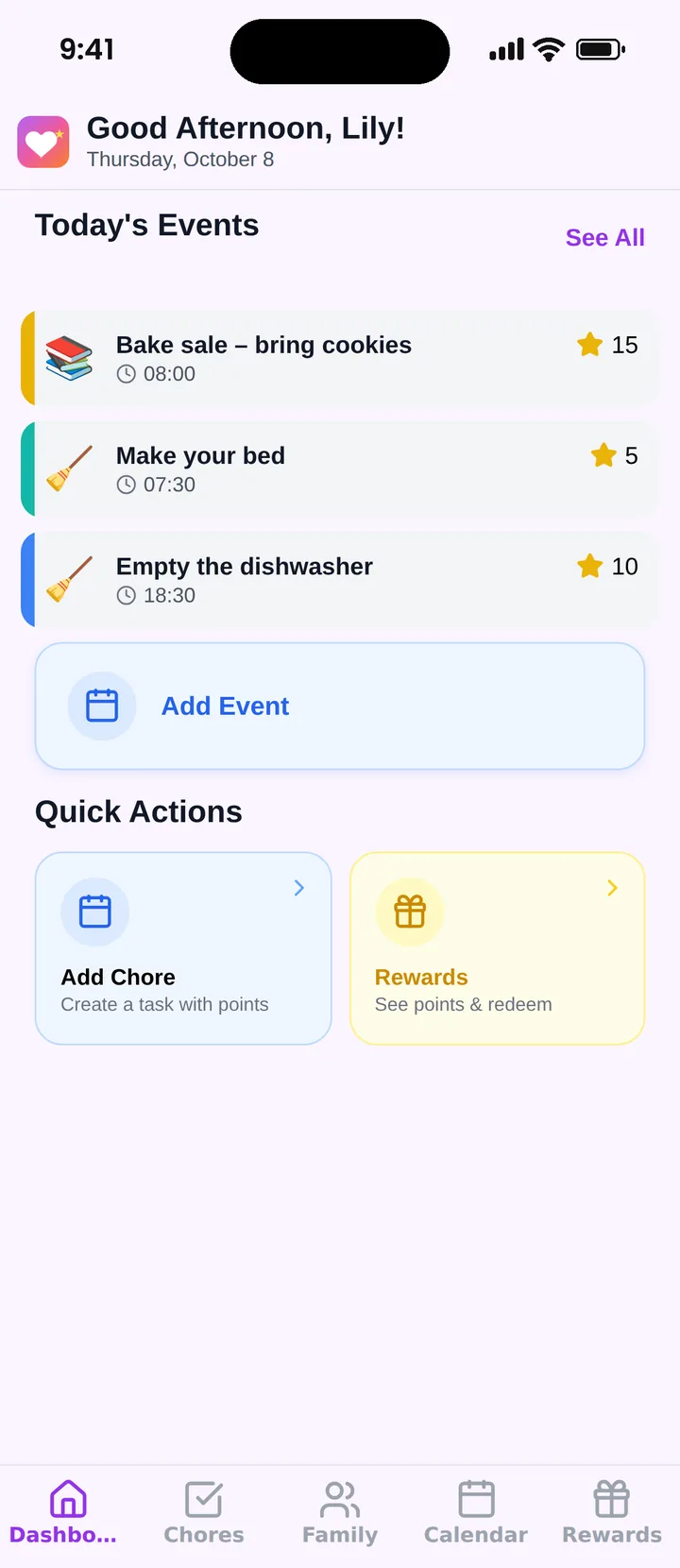 Famiyo home screen for a child with today's events and chores worth points