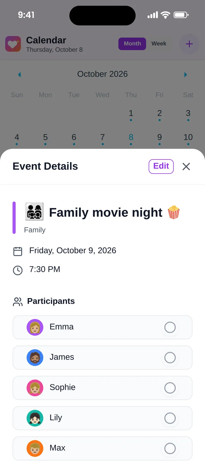 Famiyo event details for a family movie night with every family member as a participant