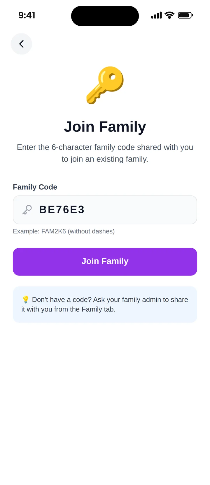 Joining a family in Famiyo with a 6-character code, no email needed