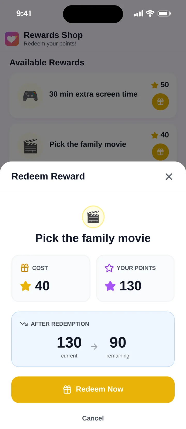 Redeeming a reward in Famiyo, showing the cost and points left after redemption