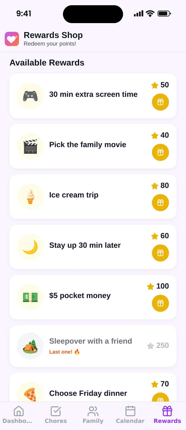 Famiyo rewards shop with rewards such as screen time, a family movie pick and pocket money