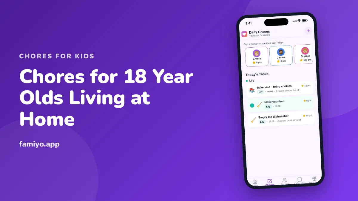 Chores for 18 Year Olds Living at Home: guide from the Famiyo family app