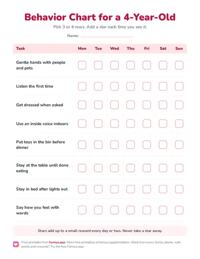 Free printable Behavior Chart for a 4-Year-Old: a one-page weekly chart for kids, ready to print as PDF