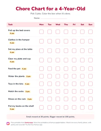 Free printable Chore Chart for a 4-Year-Old: a one-page weekly chart for kids, ready to print as PDF