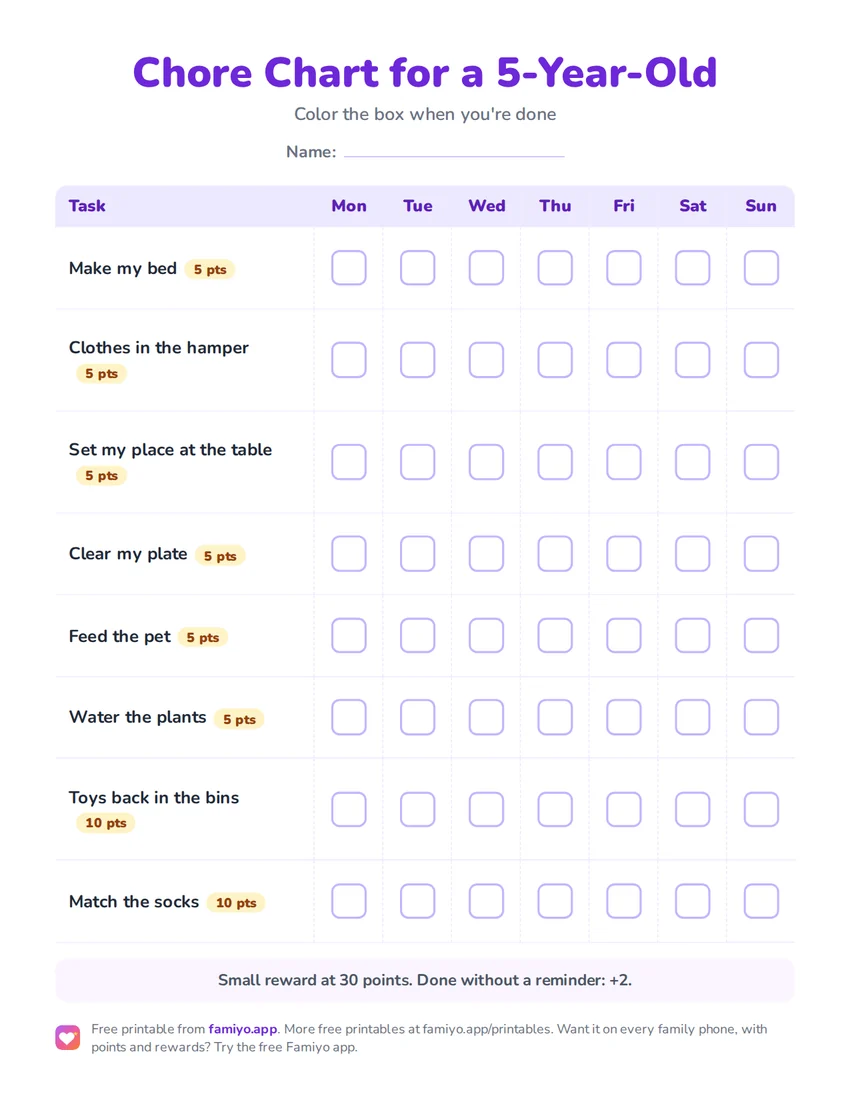 Free printable Chore Chart for a 5-Year-Old: a one-page weekly chart for kids, ready to print as PDF