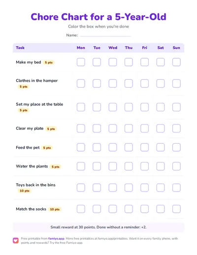 Free printable Chore Chart for a 5-Year-Old: a one-page weekly chart for kids, ready to print as PDF