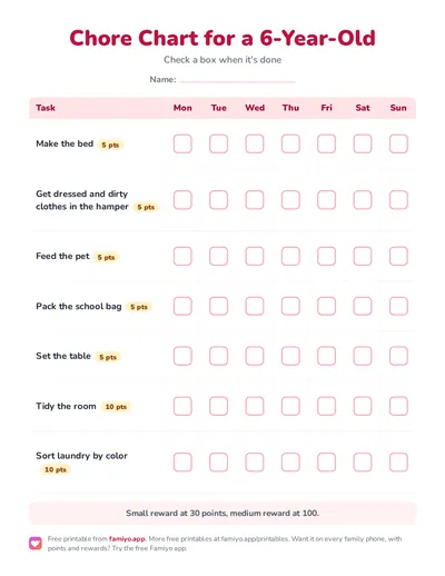 Free printable Chore Chart for a 6-Year-Old: a one-page weekly chart for kids, ready to print as PDF