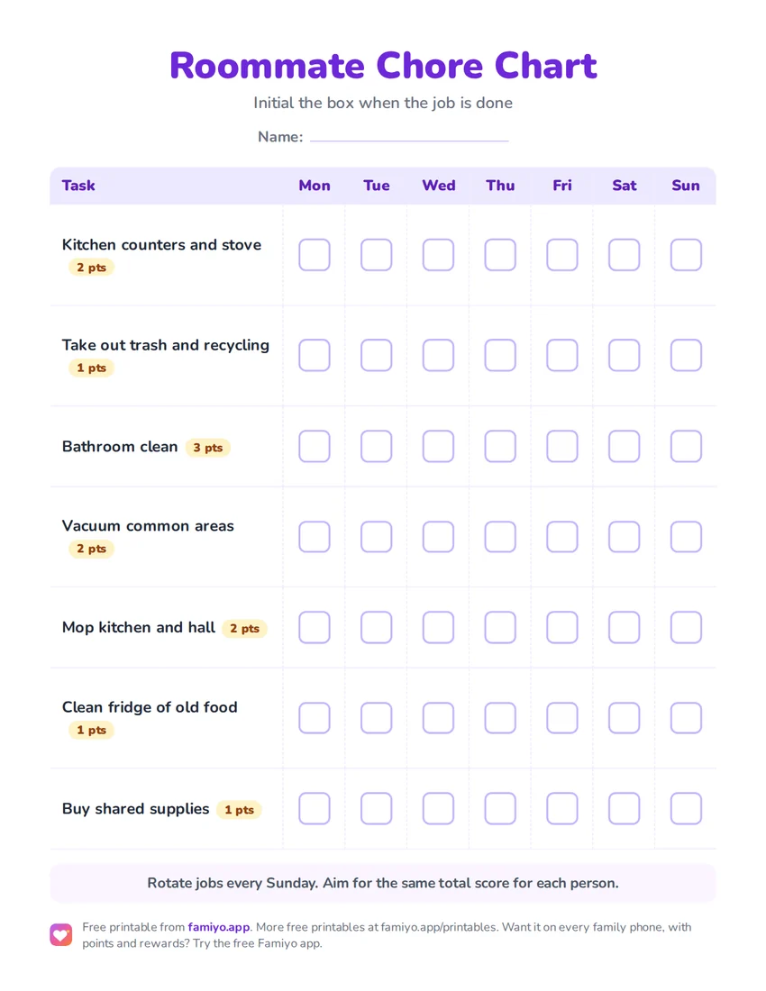 Free printable Roommate Chore Chart: a one-page weekly chart for kids, ready to print as PDF