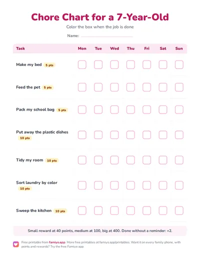 Free printable Chore Chart for a 7-Year-Old: a one-page weekly chart for kids, ready to print as PDF