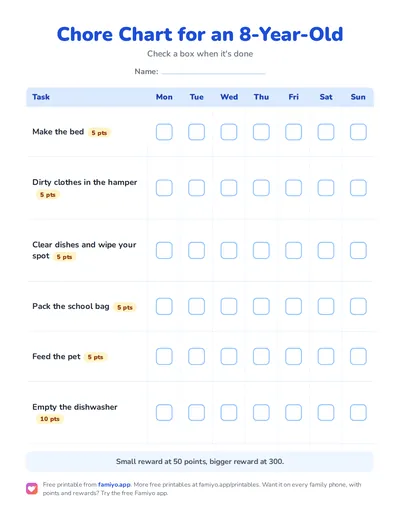 Free printable Chore Chart for an 8-Year-Old: a one-page weekly chart for kids, ready to print as PDF