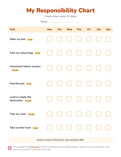 Free printable My Responsibility Chart: a one-page weekly chart for kids, ready to print as PDF