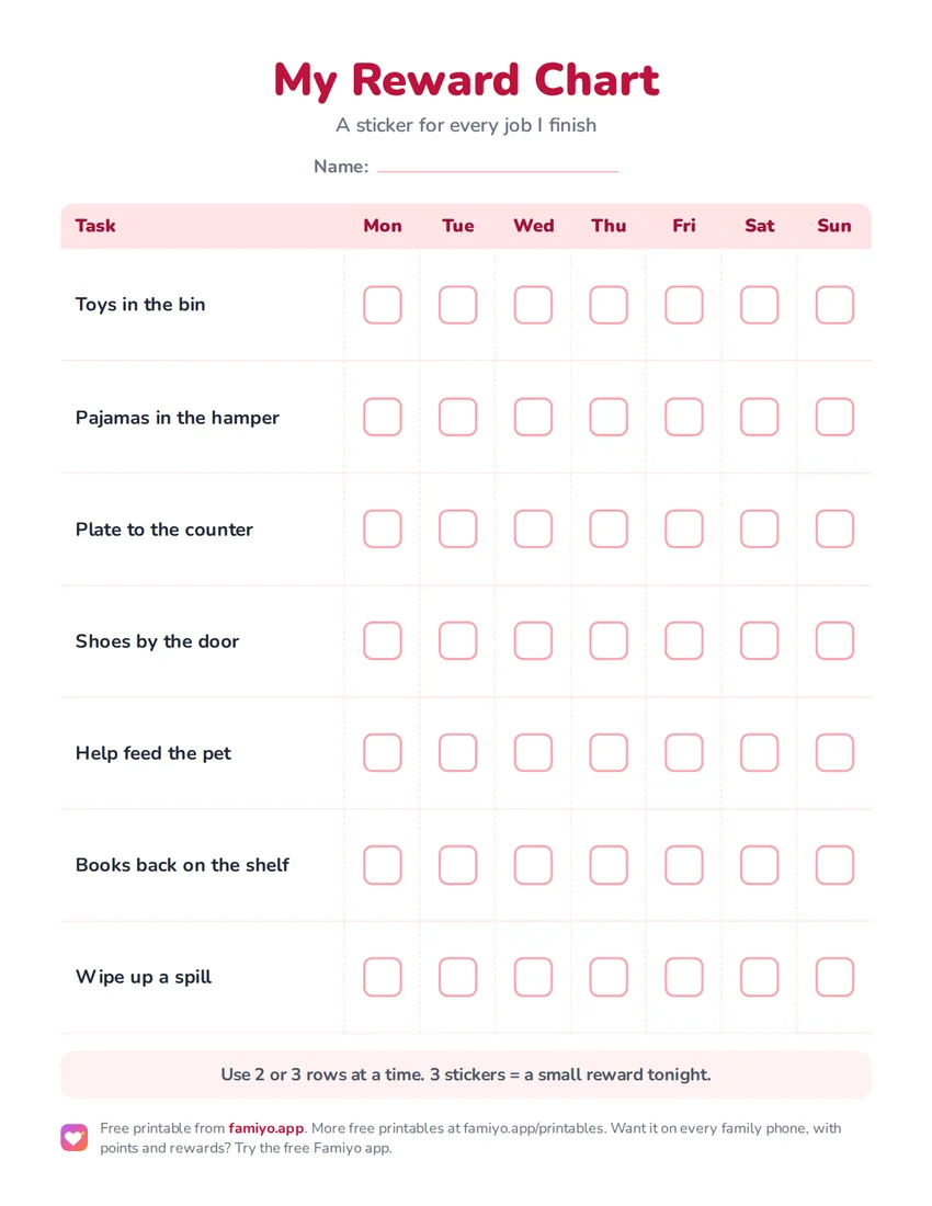 Free printable My Reward Chart: a one-page weekly chart for kids, ready to print as PDF