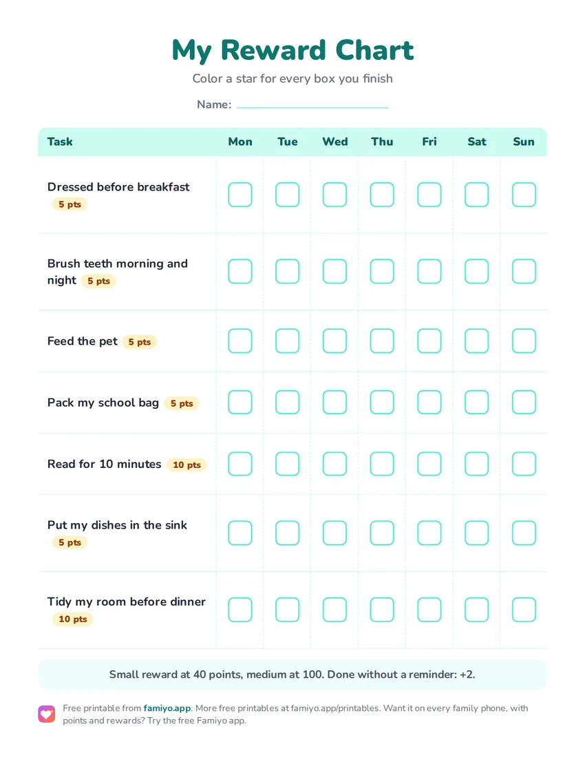 Free printable My Reward Chart: a one-page weekly chart for kids, ready to print as PDF