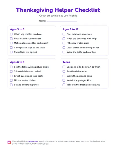 Free printable Thanksgiving Helper Checklist: a one-page checklist for kids, ready to print as PDF