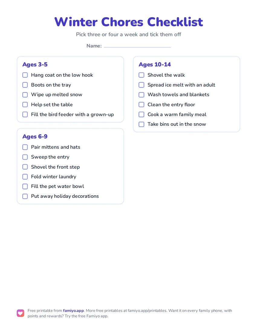 Free printable Winter Chores Checklist: a one-page checklist for kids, ready to print as PDF